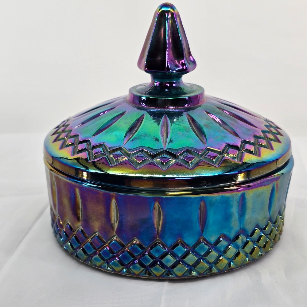 Vintage Iridescent Blue Carnival Glass Trinket Dish Lidded Candy Jar Oil Slick - Picture 9 of 9